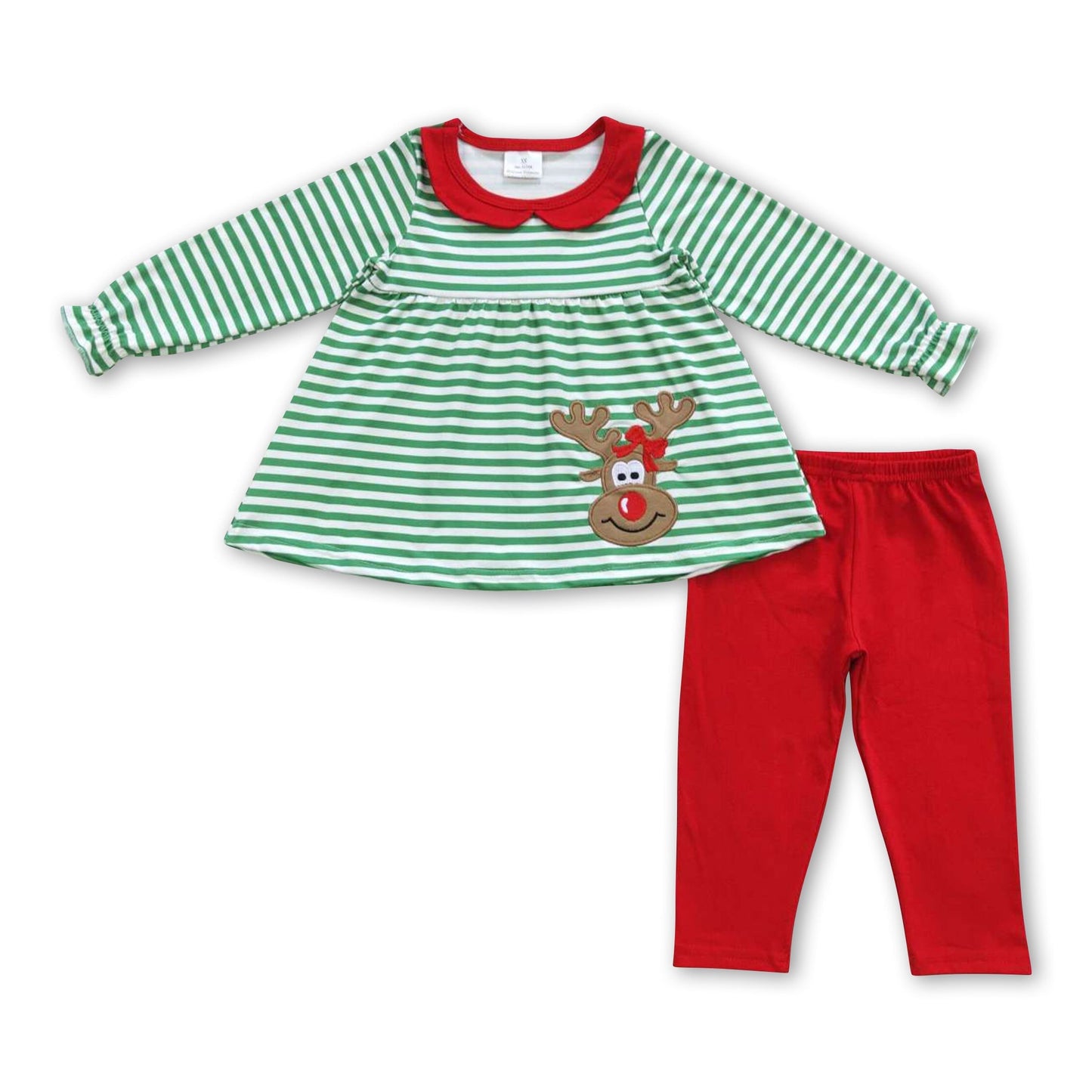 Rentier grün gestreiftes Oberteil rote Leggings Mädchen Weihnachtsoutfits