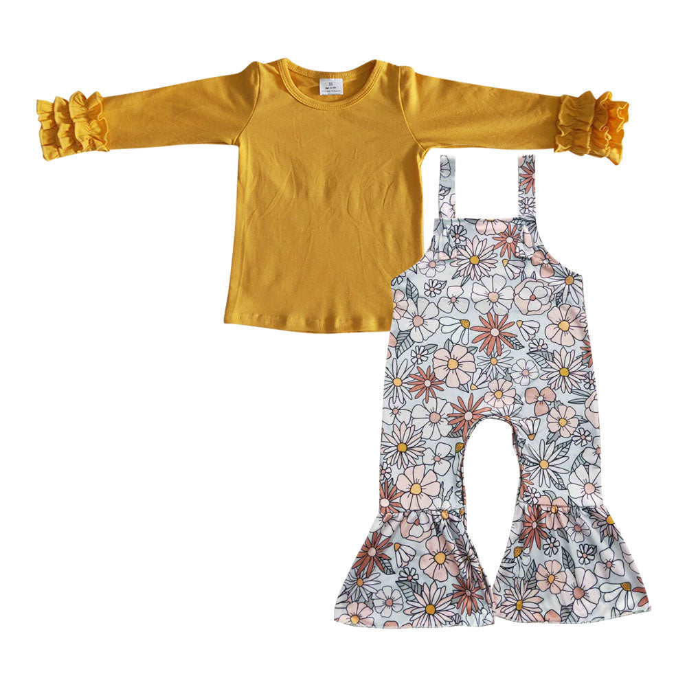 Senffarbenes Oberteil, geblümter Overall, Kinder, Mädchen, Herbstkleidung