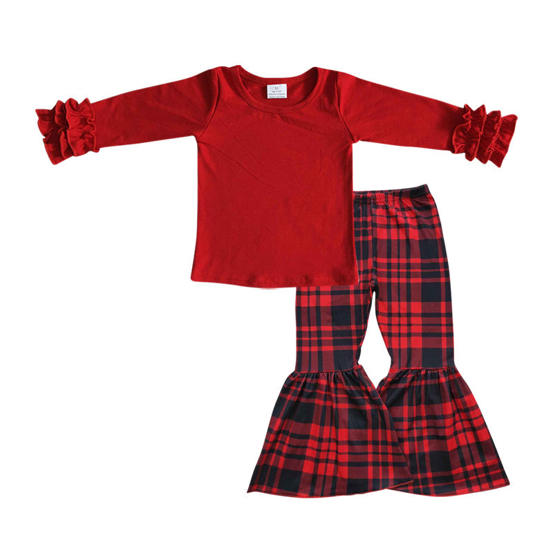 Rotes Oberteil mit Rüschen und Hosen mit Buffalo-Karo für Mädchen, Weihnachtsoutfits