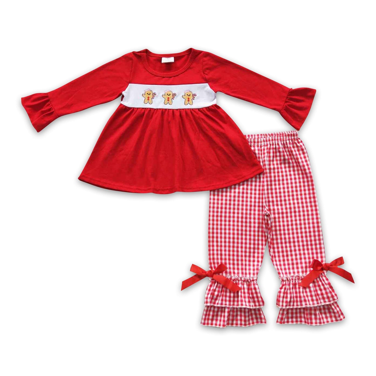 Rote Lebkuchen-Tunika mit Rüschenhose für Mädchen – Weihnachtskleidung