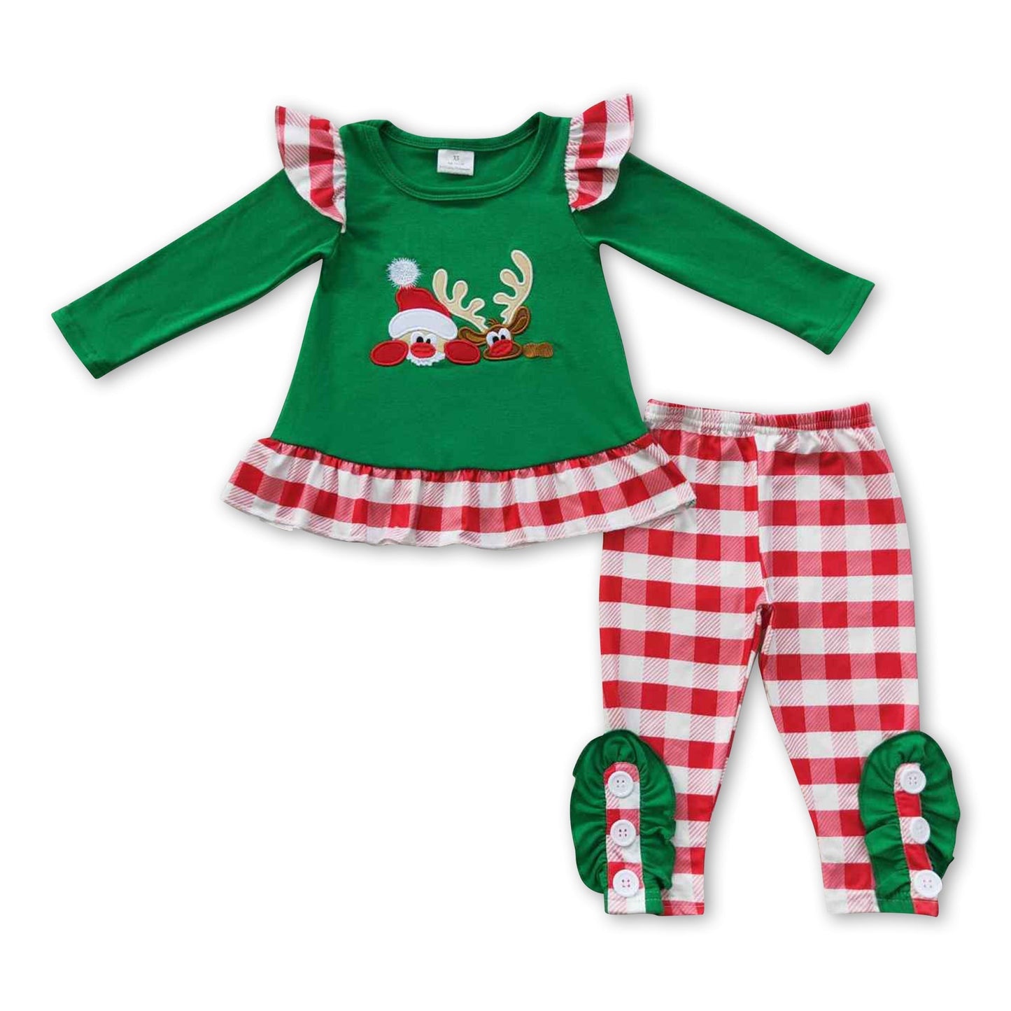 Hirsch-Rüschenoberteil, karierte Leggings, Baby-Mädchen-Weihnachtsoutfits