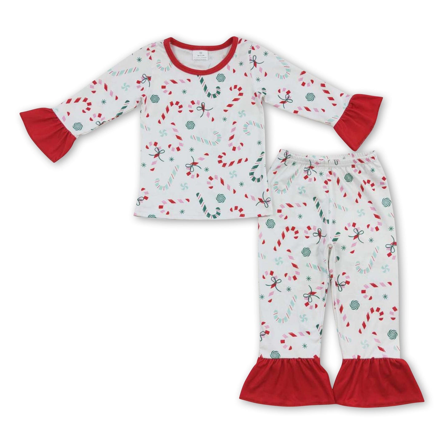 Zuckerstangen-Rüschen-Langarm-Kinder-Mädchen-Weihnachtspyjama