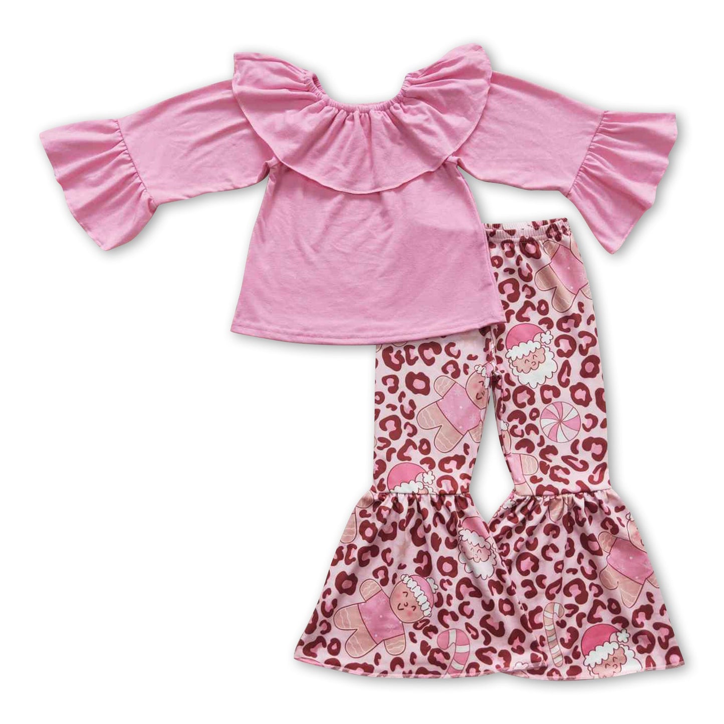 Rosa Oberteil Leopardenmuster Lebkuchen Weihnachtsmann Mädchen Weihnachtsoutfits