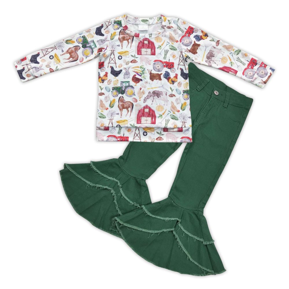 Langarm-Bauernhemd, grüne Jeans mit Rüschen, Mädchenkleidung