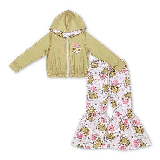 Grüner Hoodie mit Reißverschluss und ausgestellter Hose für Mädchen, Weihnachtsoutfits