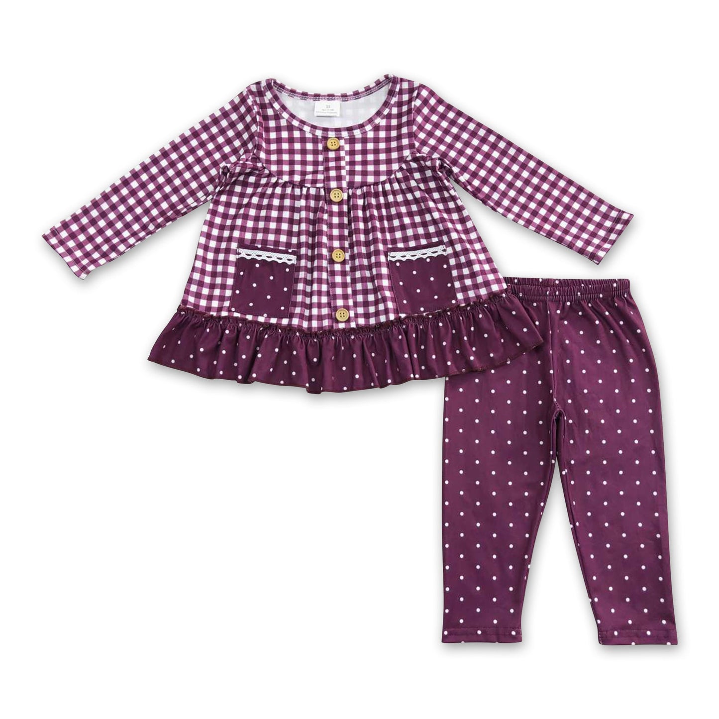 Bordeauxrotes kariertes Oberteil mit Taschen Leggings Mädchen Kleiderset