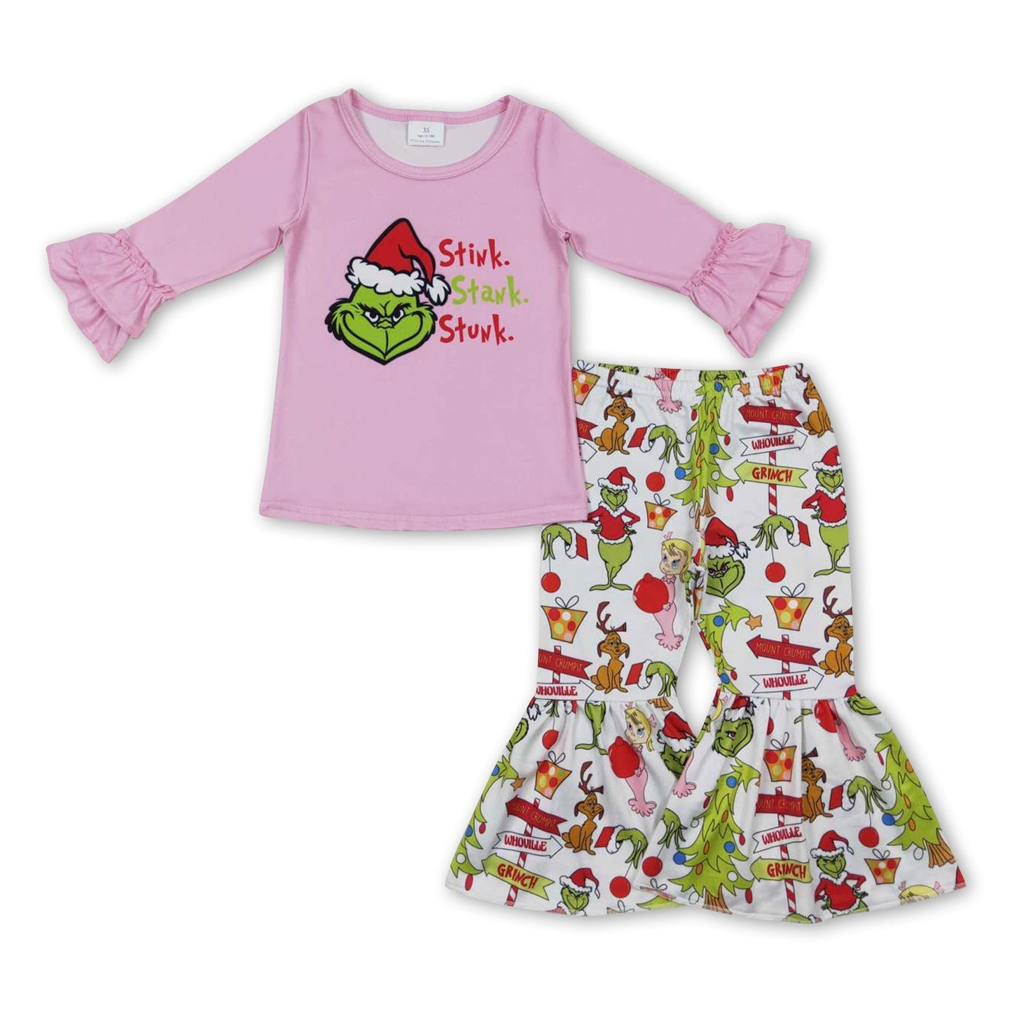 Rosa Rüschenoberteil grüne Gesichtshose Mädchen Weihnachtskleidung