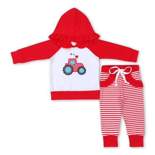 Mädchen-Valentinstags-Set mit Herz-Lkw-Kapuzenpulli, gestreiften Taschen und Hose