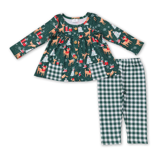 Grünes Hirsch-Geschenktaschen-Tunika-Leggings Mädchen Weihnachtsoutfits