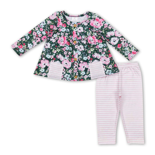 Grüne florale Taschentunika, pink gestreifte Leggings, Mädchenkleidung