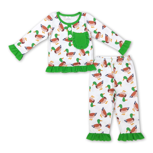 Grüner Langarm-Enten-Taschen-Rüschen-Baby-Pyjama für Mädchen