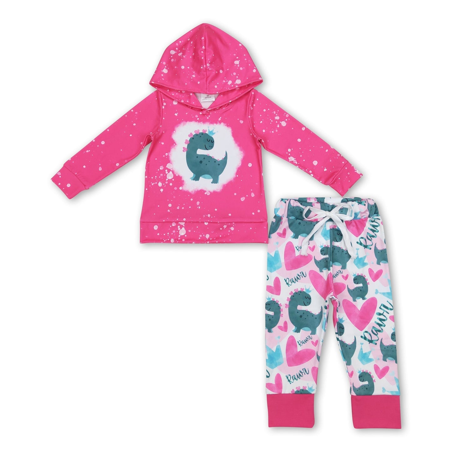 Set aus fuchsiafarbenem Herz-Dinosaurier-Kapuzenpullover und Hose für Mädchen zum Valentinstag