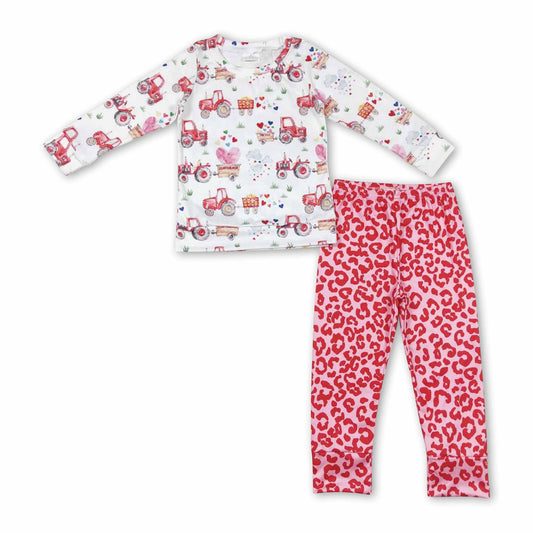Herz Traktor Oberteil Leopard Leggings Mädchen Bauernhof Valentinstags-Set
