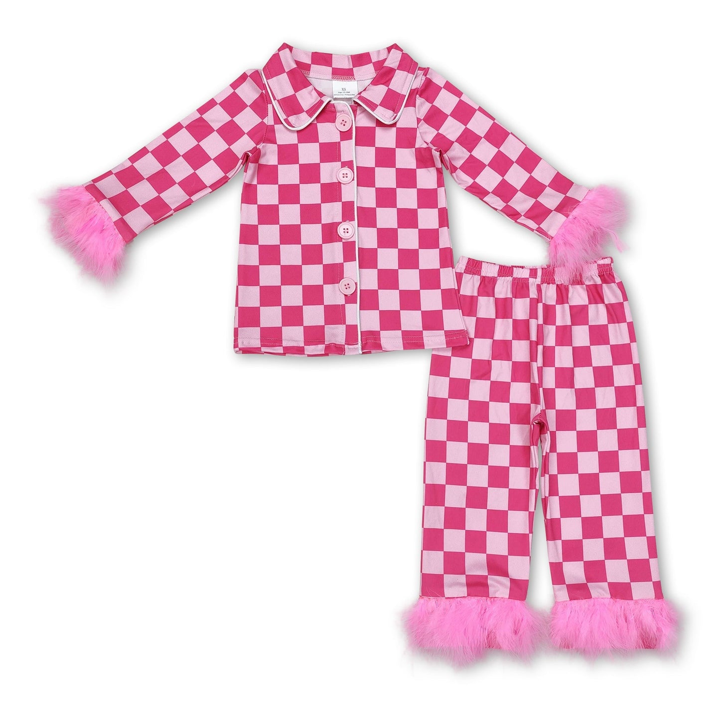 Pink karierte Pelz-Rüschen-Pyjamas für kleine Mädchen zum Knöpfen