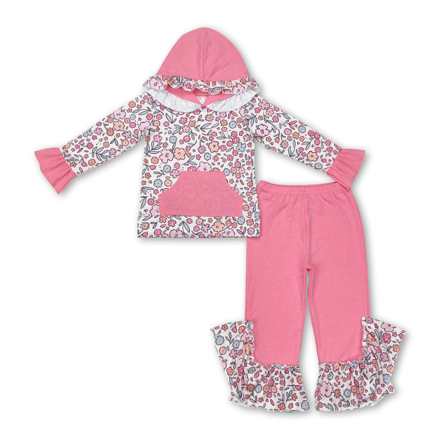 Rosa Blumen-Taschen-Kapuzenpullover Hose Kinder Mädchen Bekleidungsset