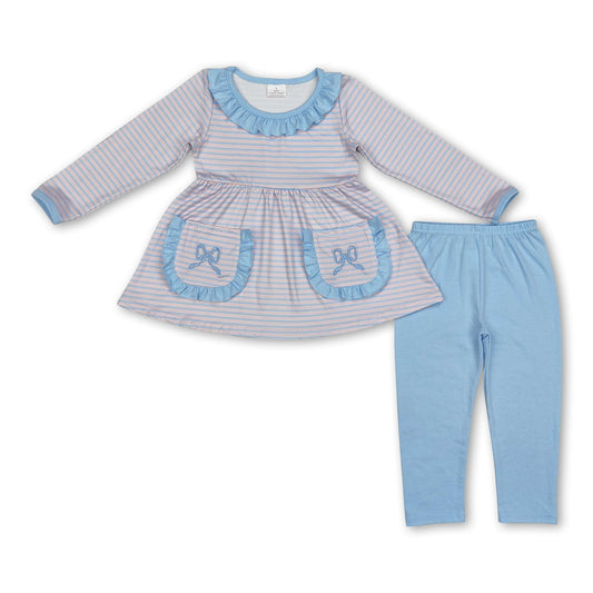 Gestreiftes Tunika-Schleifen-Taschen-Leggings-Set für Mädchen