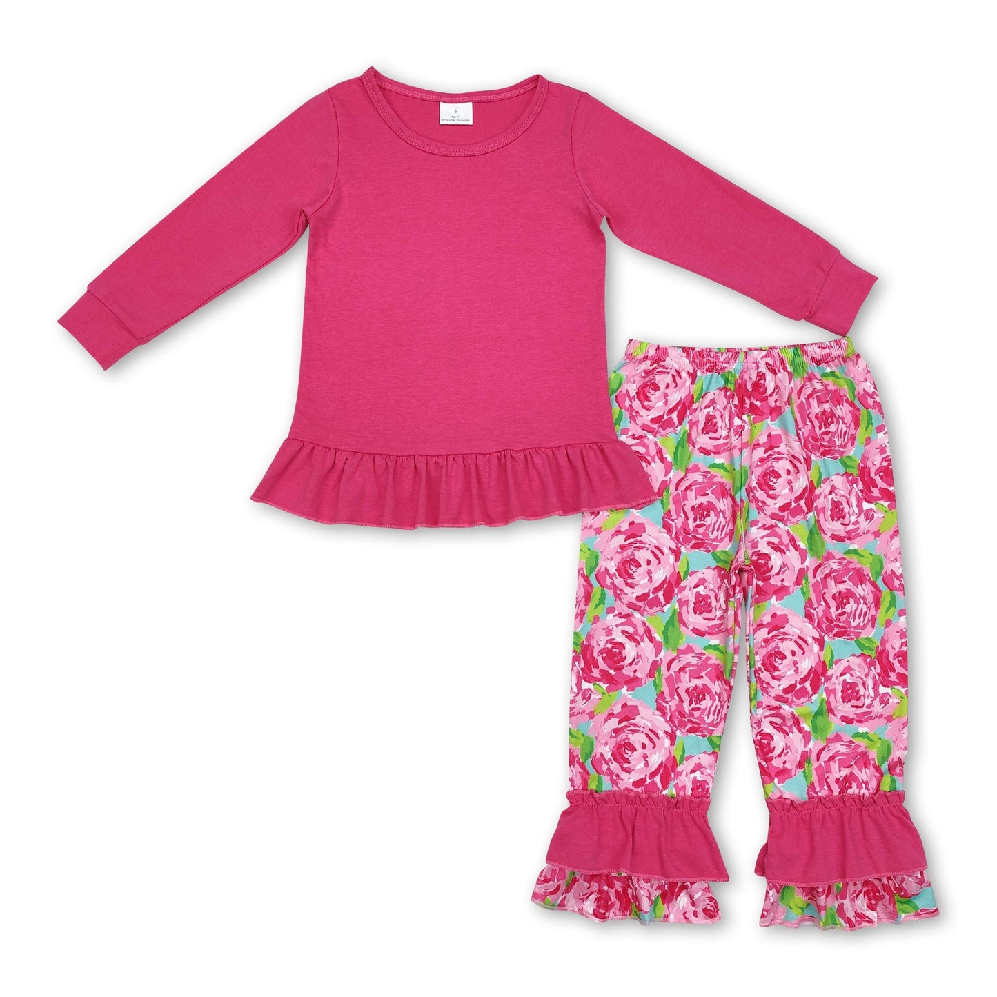Heißrosa Baumwolloberteil Aquarell Blumen Rüschenhose Mädchenkleidung