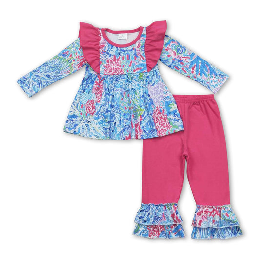 Aquarell-Tunika, fuchsiafarbene Rüschenhose, Mädchenkleidung