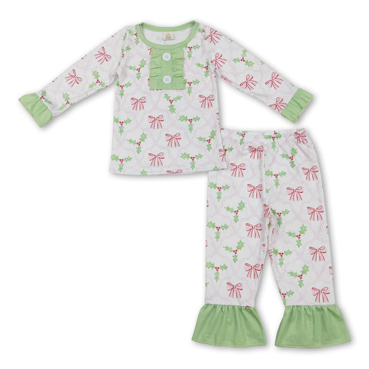 Grüner langärmeliger rosa Schleifen-Weihnachtspyjama für Mädchen