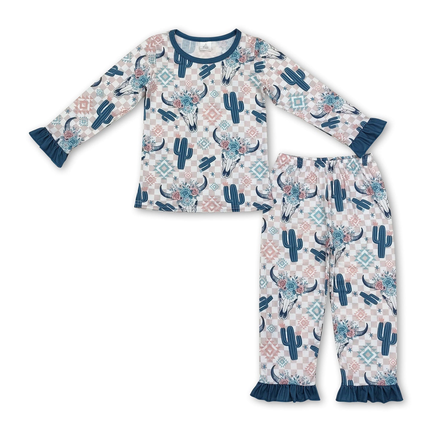 Langarm-Pyjama für Mädchen mit Stierkopf, Kaktus und Karomuster im Western-Stil