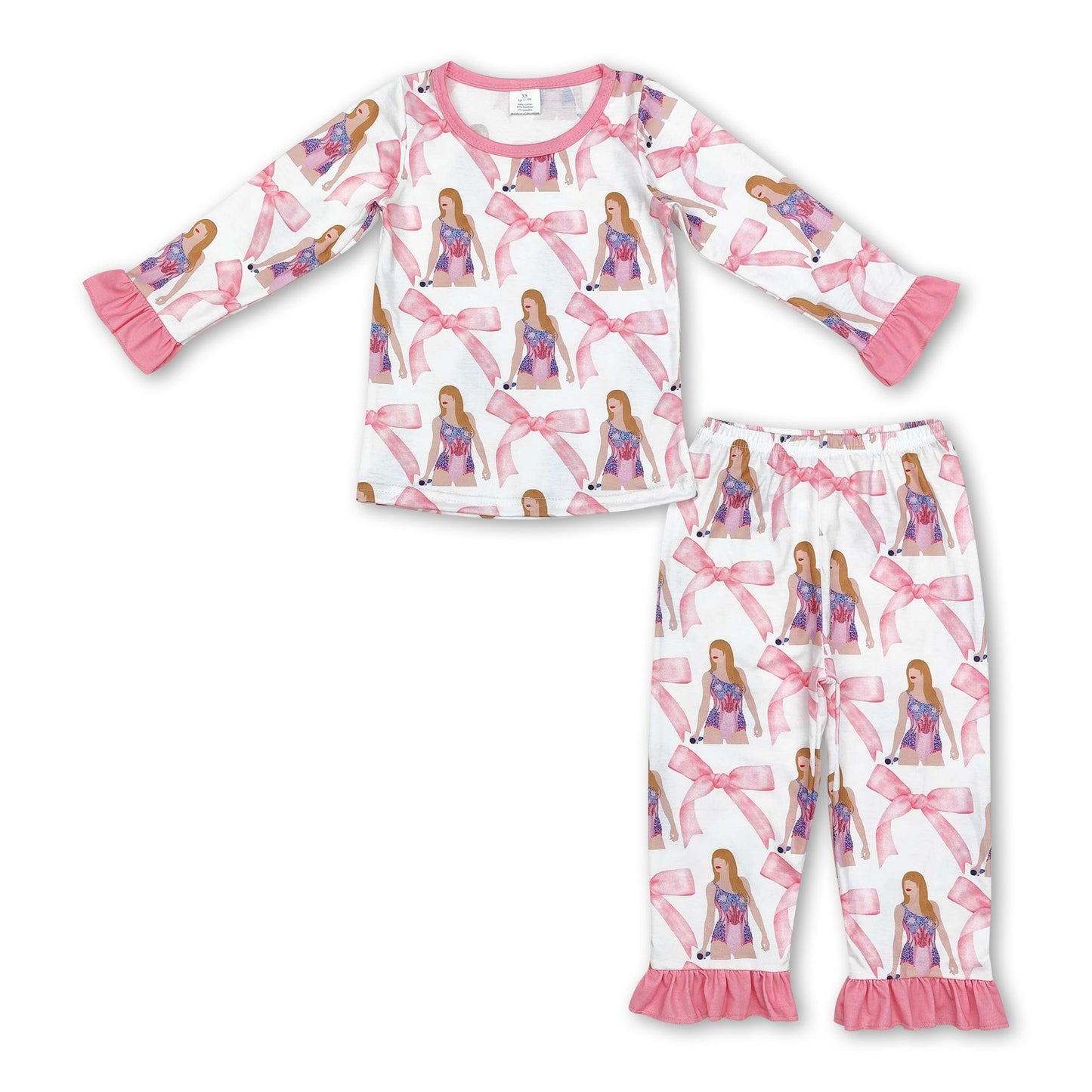 Langärmliger rosa Rüschen-Schleifen-Pyjama für Mädchen