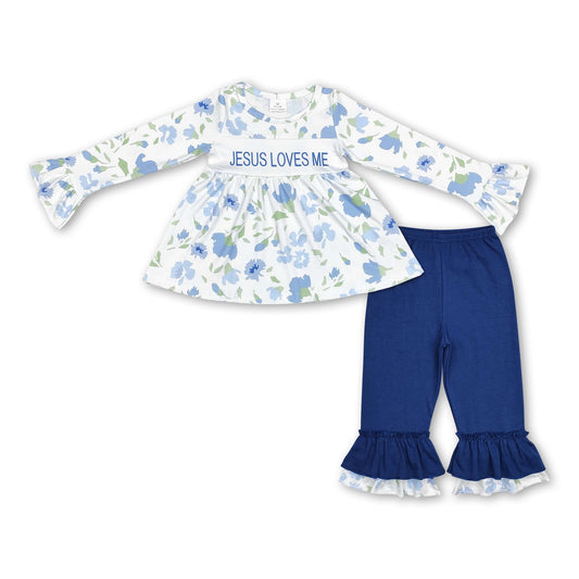 Jesus liebt mich, florale Tunika, blaue Rüschenhose, Mädchenkleidung