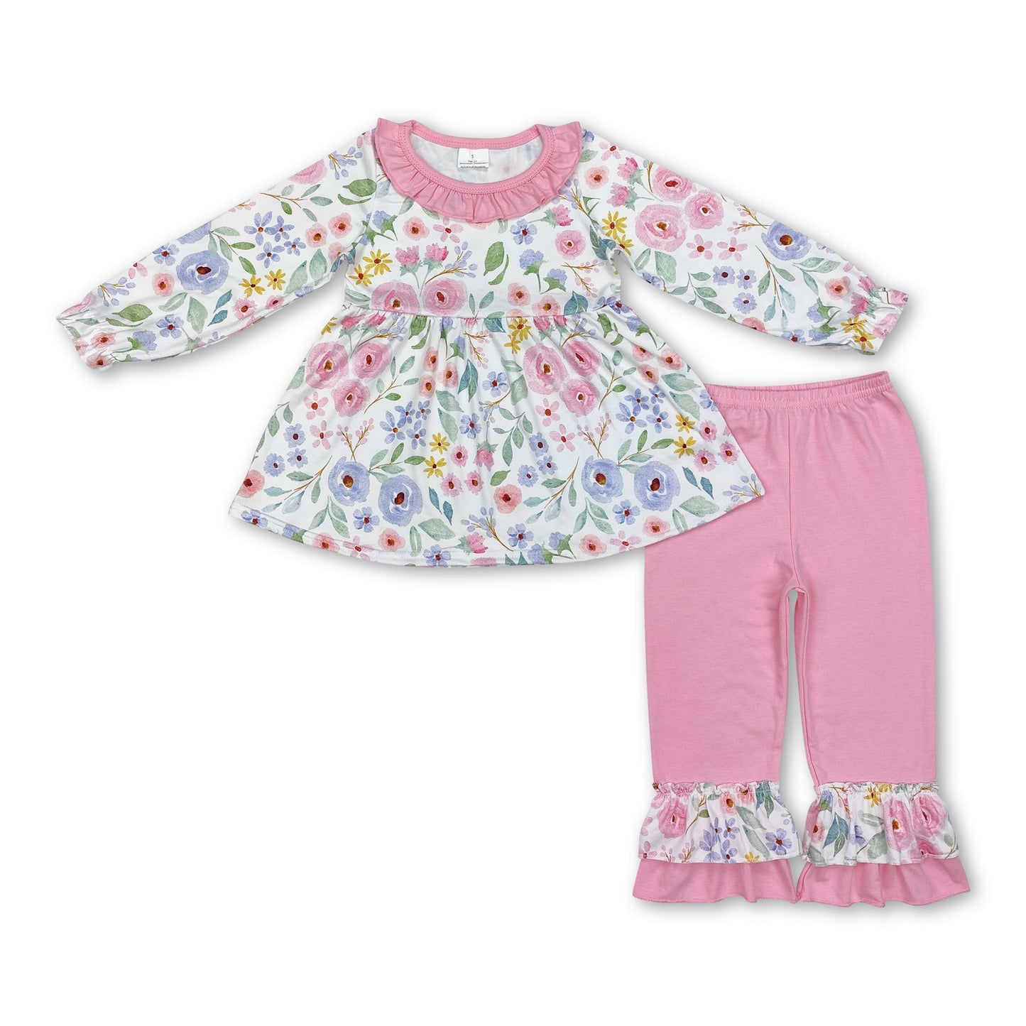 Rosa Rüschen-Blumentunika mit Rüschenhose für Mädchen