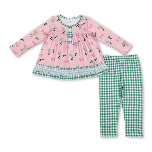 Grün karierte Enten-Schleifen-Tunika-Leggings Mädchenkleidung