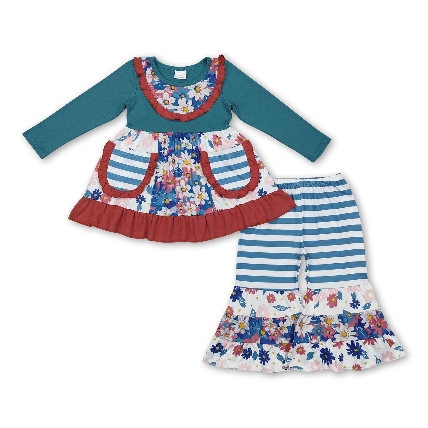 Langarm-Blumen-Patchwork-Taschen-Mädchen-Herbstkleidung