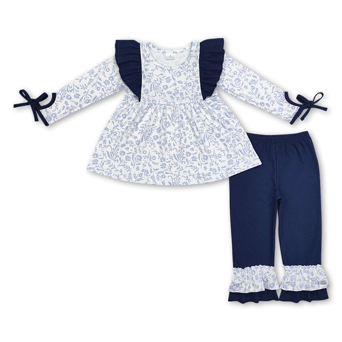Blau geblümte Tunika marineblaue Rüschenhose Mädchen-Kleidungsset