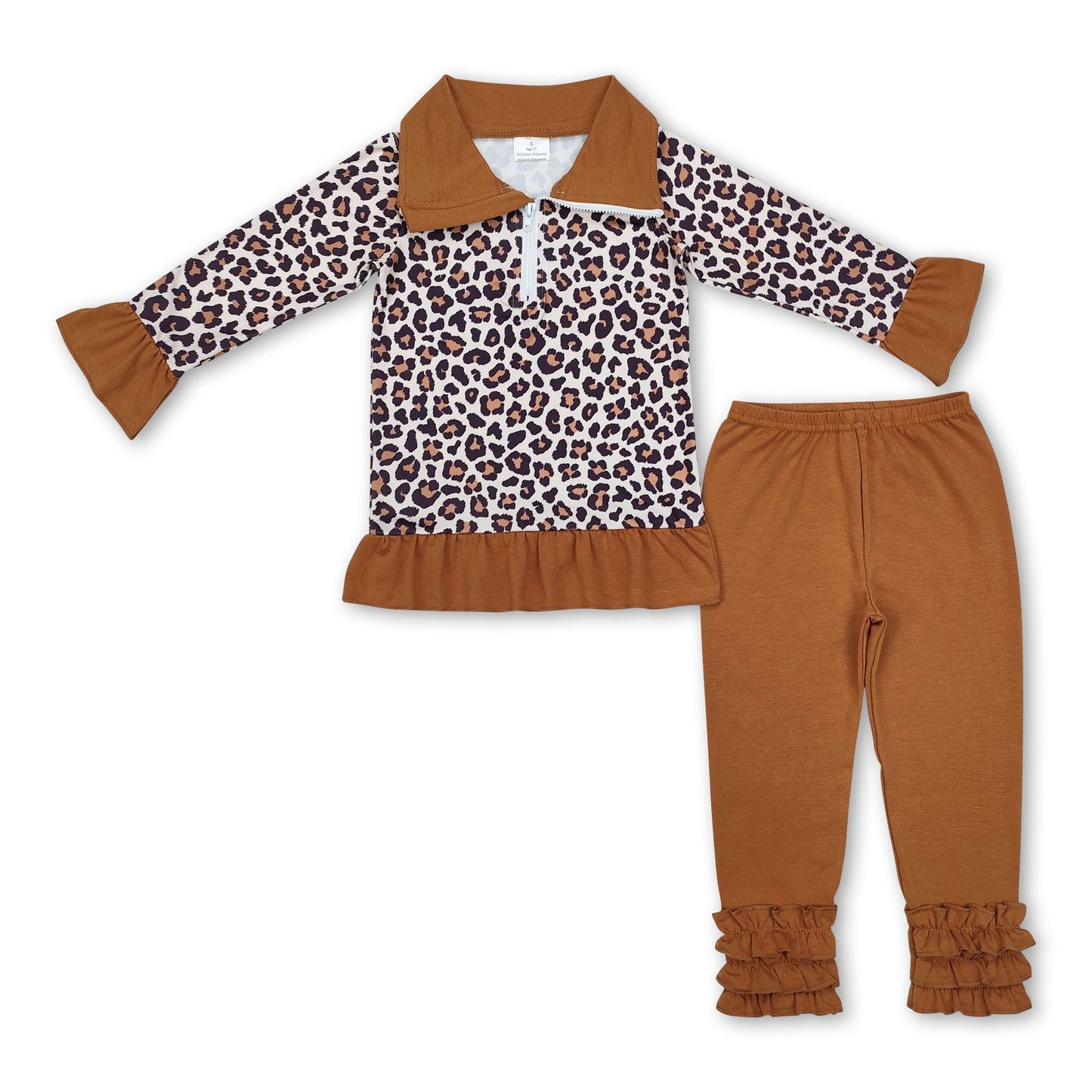Leoparden-Rüschenpullover-Leggings-Mädchen-Bekleidungsset