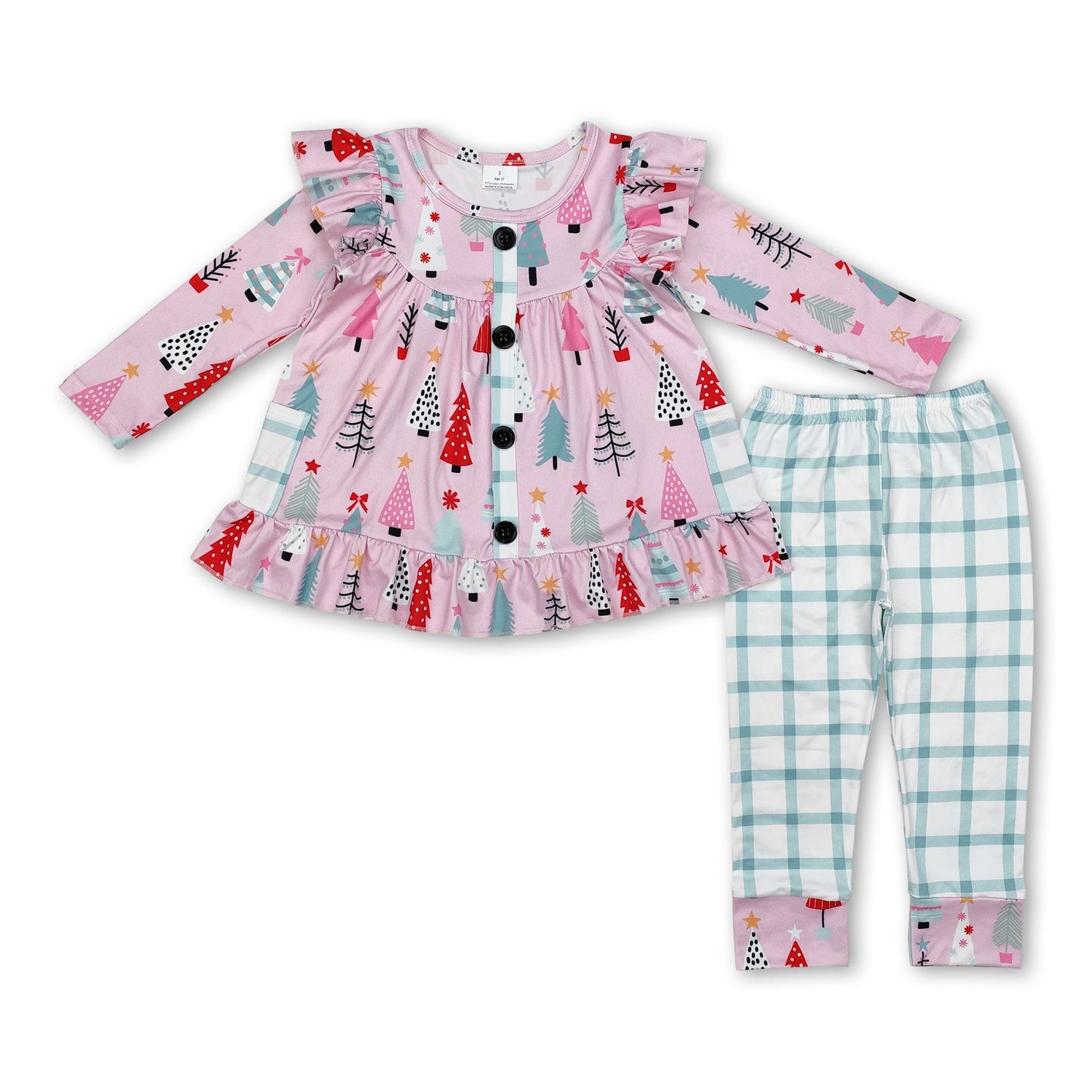 Pink Weihnachtsbaum Rüschen Tunika karierte Leggings Mädchen Kleidung