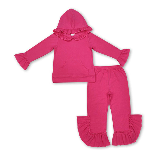 Hot pinkes Baumwoll-Rüschen-Hoodie-Hosen-Set für Mädchen