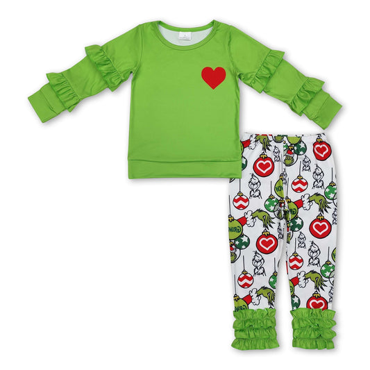 Grünes Herzrüschenoberteil grüne Gesichthose Mädchen Weihnachtsset
