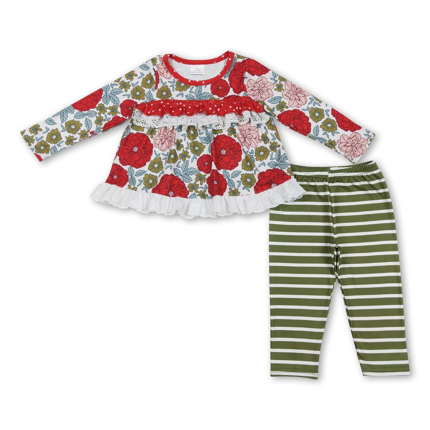 Rot geblümte Tunika grüne gestreifte Leggings Mädchen Weihnachtskleidung