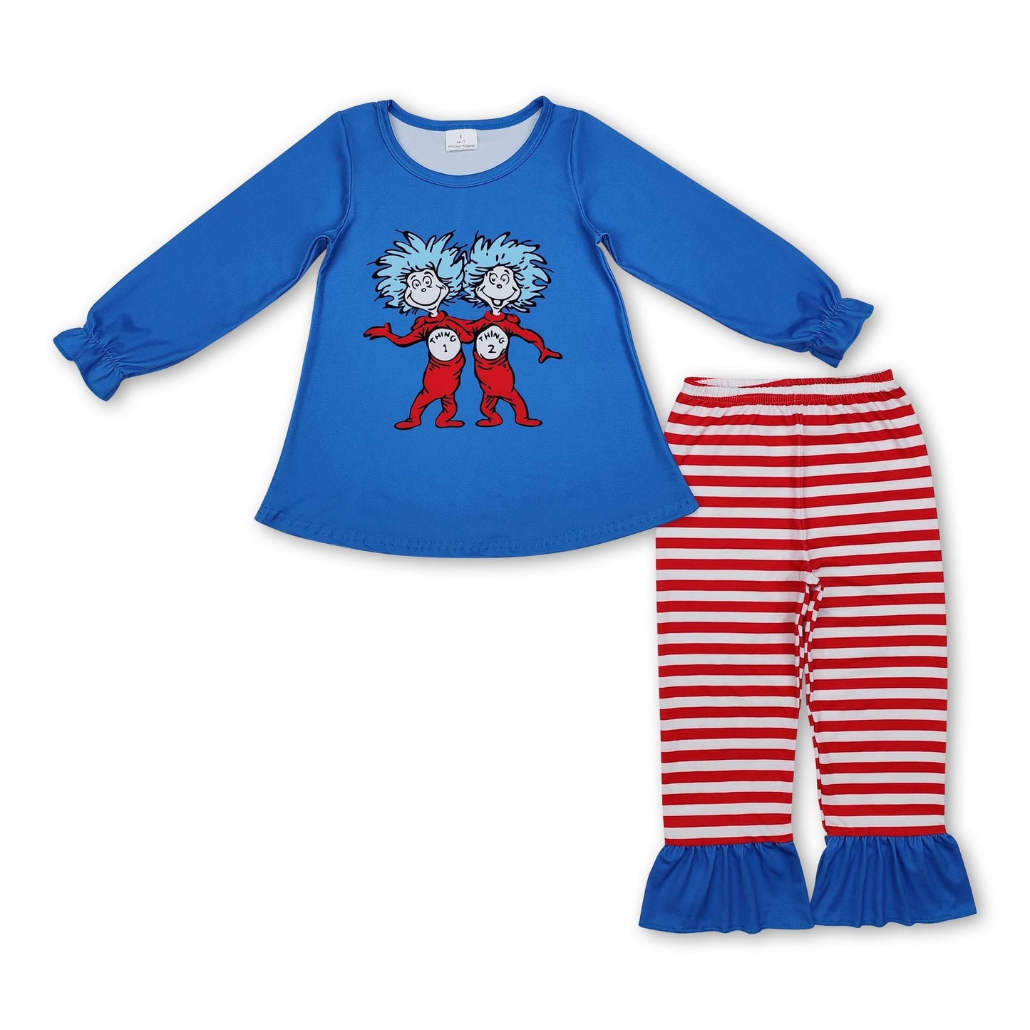 Blaues Katzenmützen-Oberteil, rote gestreifte Rüschenhose, Mädchen-Bekleidungsset