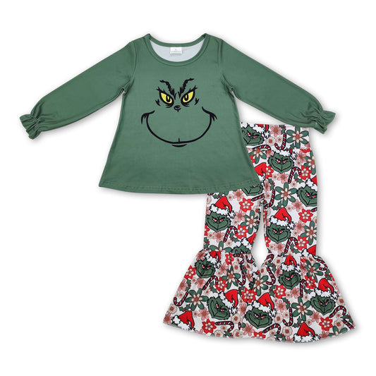 Grüne Oberteile mit Blumenmuster und Schlaghose Mädchen Weihnachtsoutfits