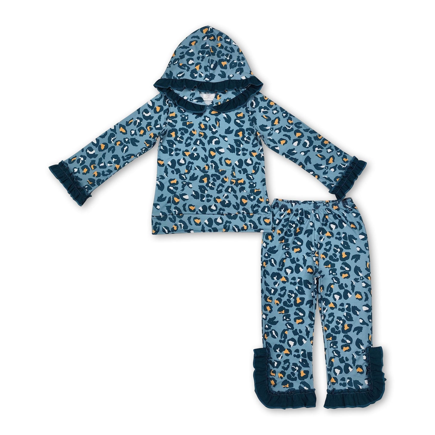 Rüschen-Langarm-Leoparden-Kapuzenpullover-Set für Kinder und Mädchen mit Tasche