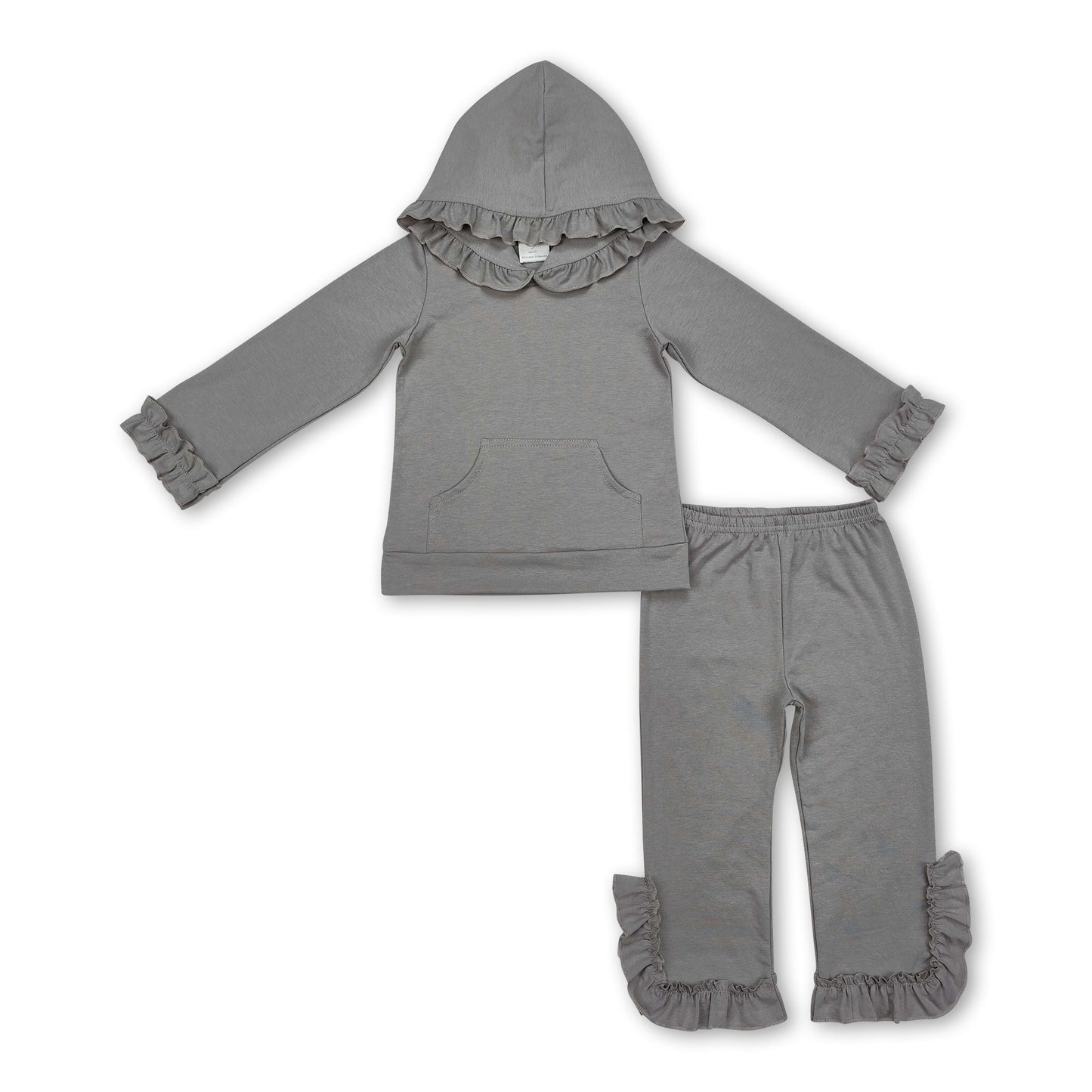 Rüschen-Hoodie aus grauer Baumwolle, Hose, Kinderkleidung für Mädchen