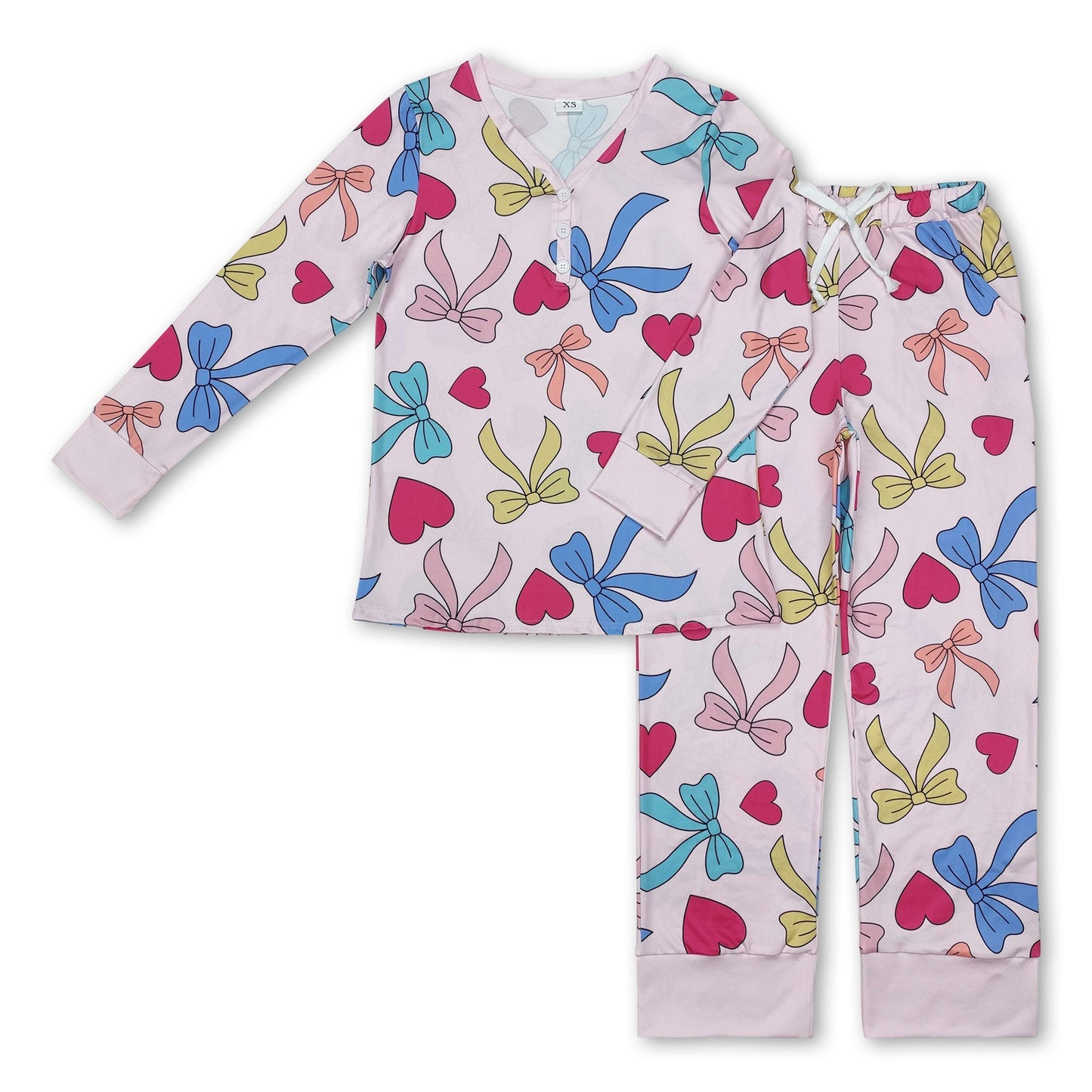 Langärmliger Schleifen-Herz-Valentinstags-Pyjama für Erwachsene