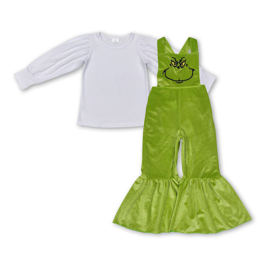 Weißes Baumwolloberteil grüner Overall Mädchen Weihnachtsoutfits