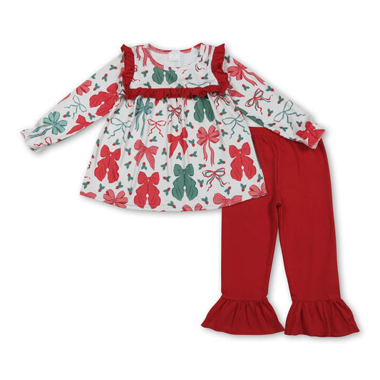 Grüne rote Schleife Tunika Rüschenhose Mädchen Weihnachtskleidung