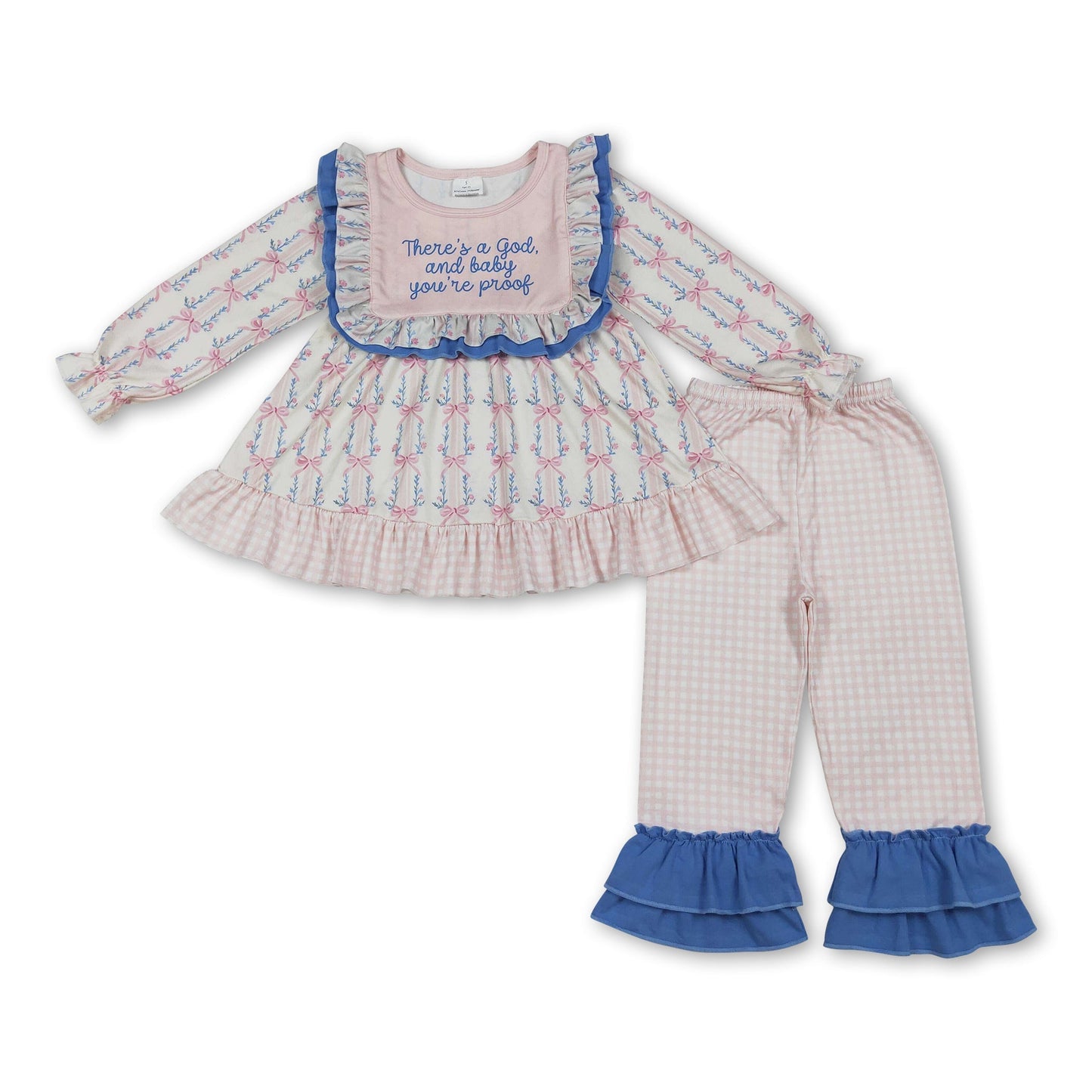 Langärmliges geblümtes Tunika-Set mit Schleife und Karohose für Mädchen
