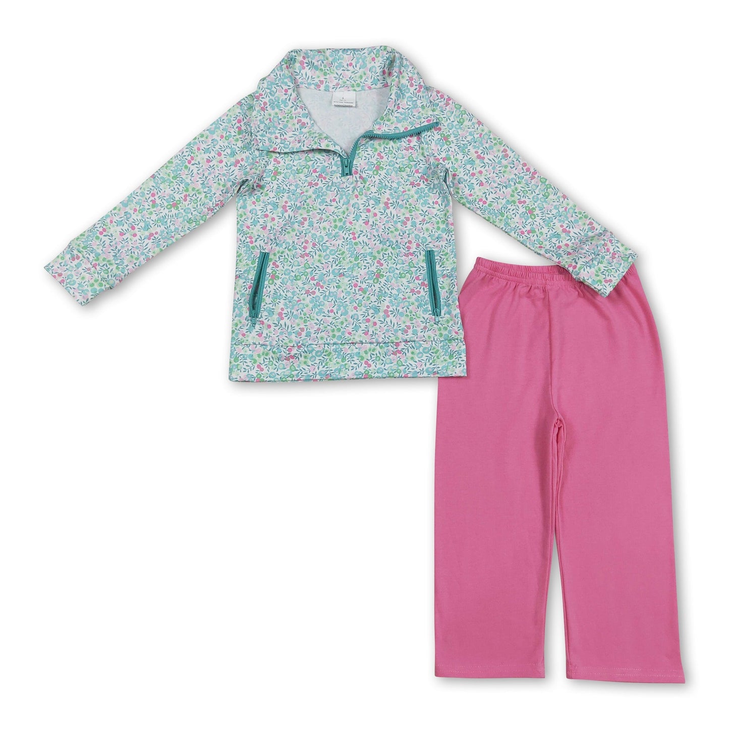 Langarm grüner Blumenpullover Leggings Mädchenkleidung