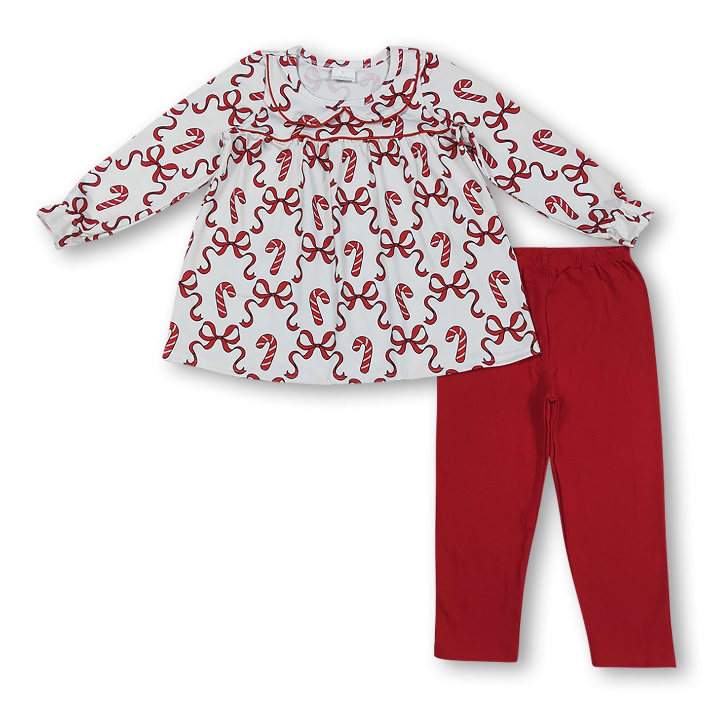 Langärmeliges Schleifen-Zuckerstangen-Tunika-Leggings-Mädchen-Weihnachtsset