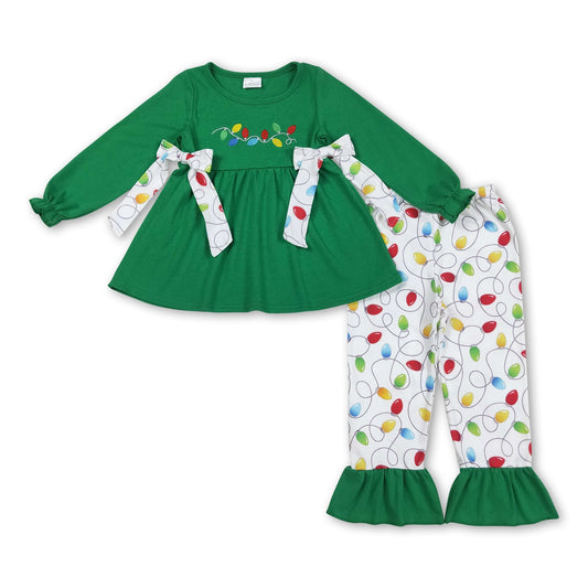 Grüne Weihnachtsbeleuchtung Schleife Tunika Hose Mädchen Kleidung
