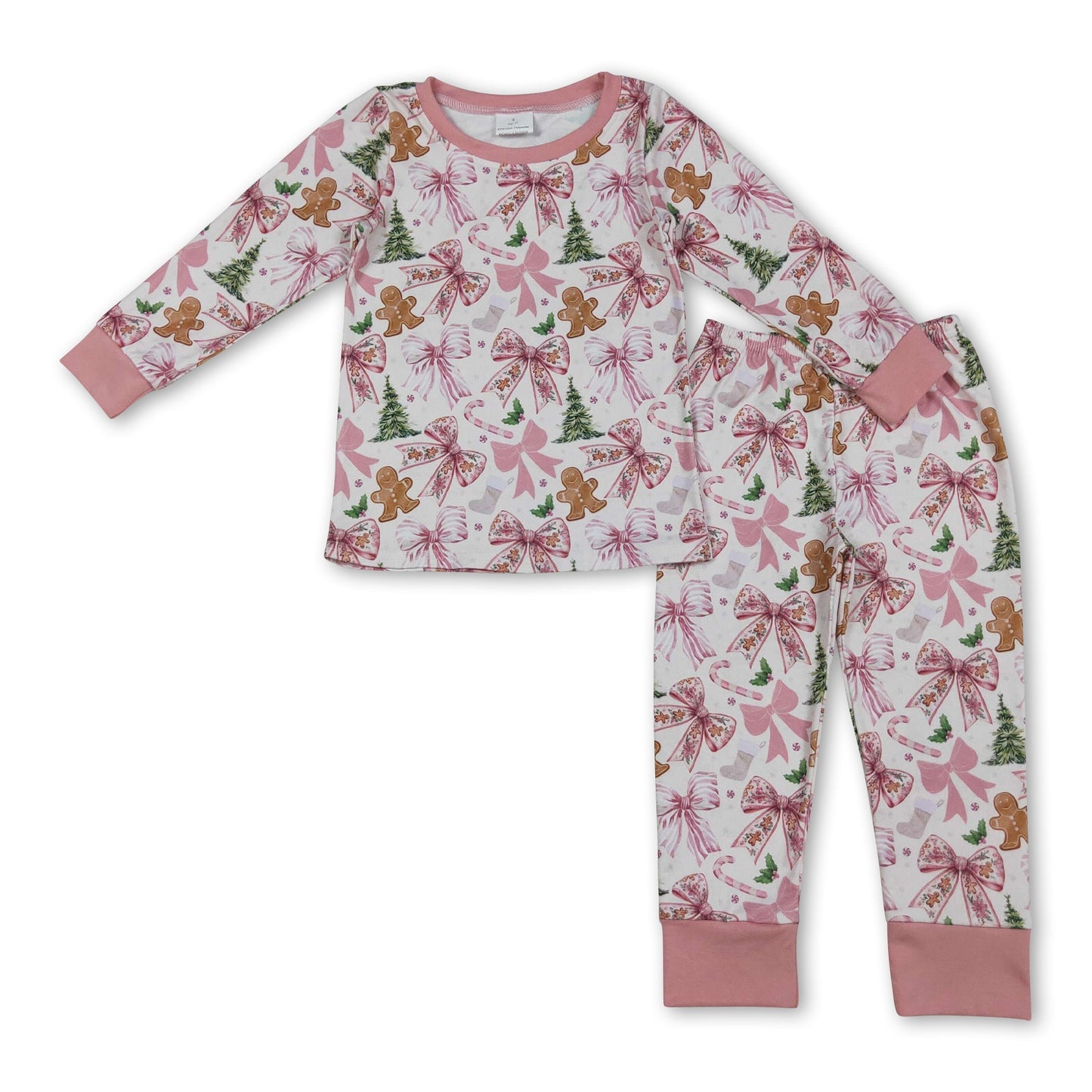 Rosa langärmeliger Schleifen-Lebkuchenmädchen-Weihnachtspyjama