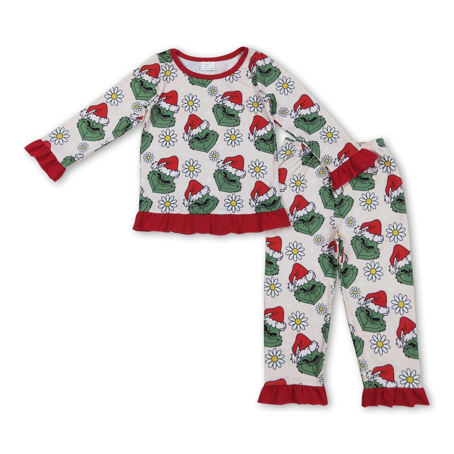 Langärmliges Rüschen-Blumen-Grün-Gesicht-Mädchen-Weihnachtspyjama