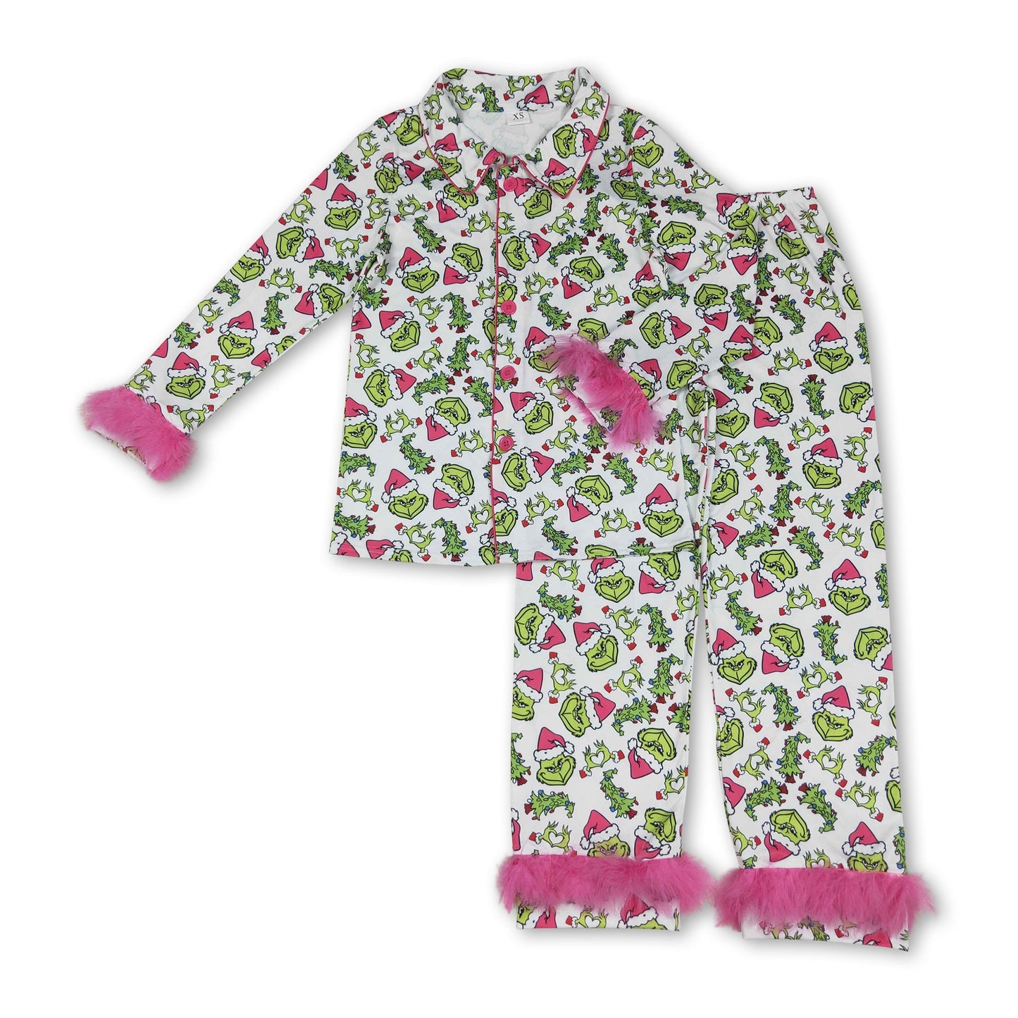 Pinkfarbener Pelz grünes Gesicht Erwachsene Damen Weihnachts-Button-Down-Pyjamas