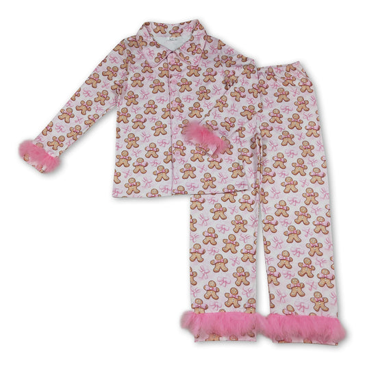 Lebkuchen-Schleife Kunstfell Pyjama mit Knopfleiste für Damen zu Weihnachten